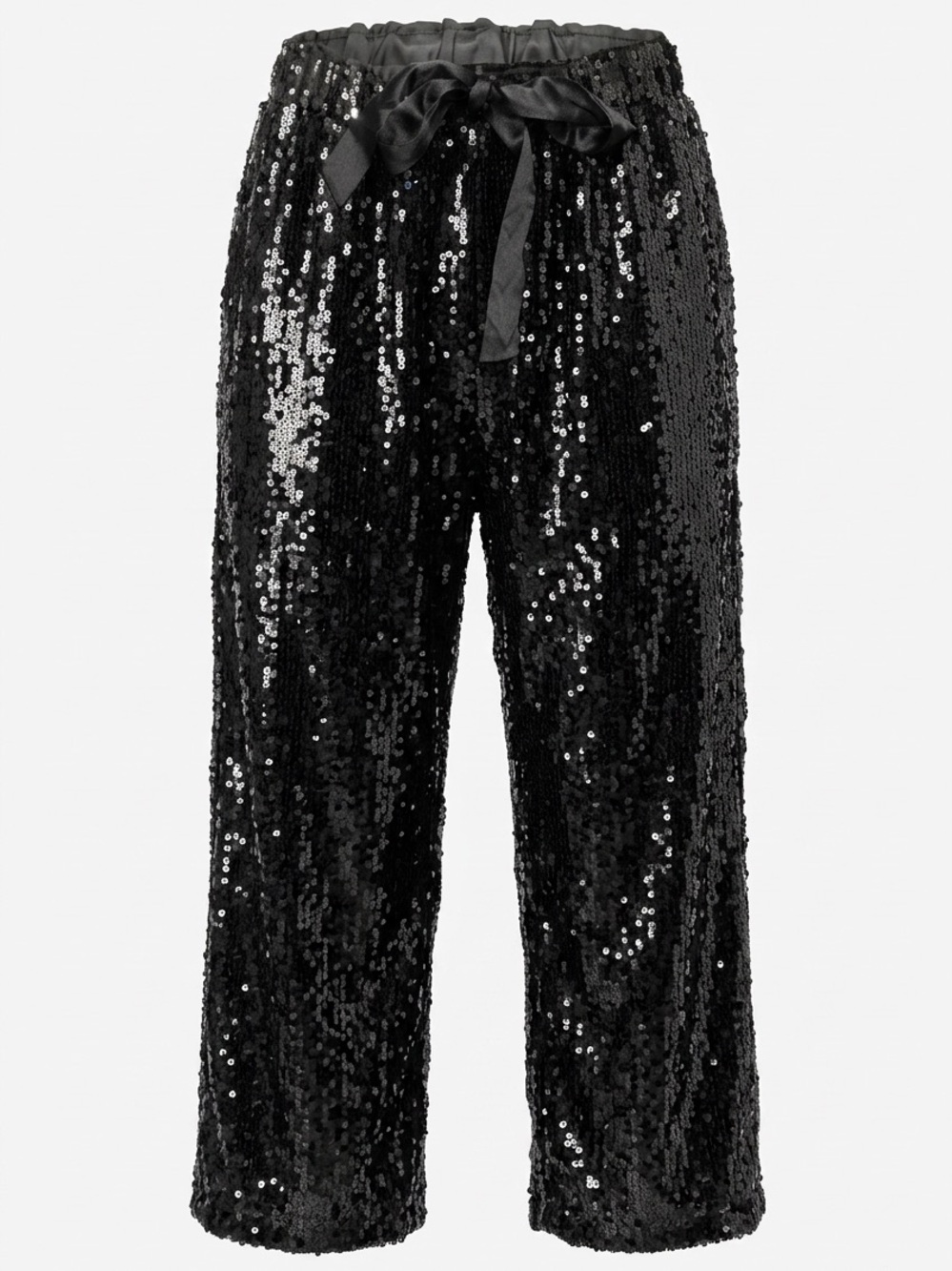 Black Sequin Wide-Leg Cropped Pants with Satin Tie